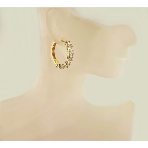 Sparkling Crystals One inch height High Quality 18K Gold Filled Hoop Earrings - Picture 4 of 6